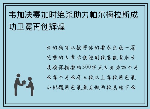 韦加决赛加时绝杀助力帕尔梅拉斯成功卫冕再创辉煌
